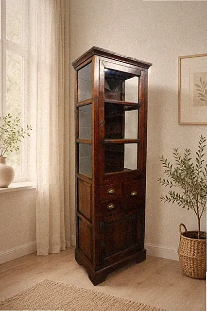 Küchenschrank Vitrine Schrank Vitrinenschrank aus Massiv Teakholz