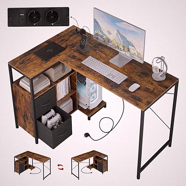 L-förmige Eckschreibtisch mit USB-A/C Steckdosen Stauraum Computertisch Retro