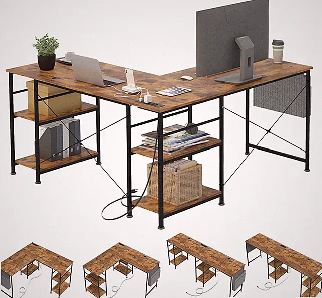 L-förmiger Gaming-Schreibtisch Eckschreibtisch Computertisch mit Steckdose Brown