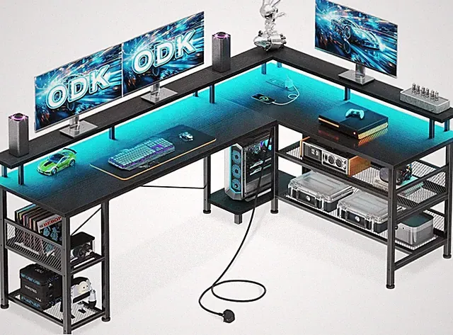 L-förmiger Gaming Schreibtisch mit LED-Leuchten & Steckdosen, 168×120cm Wende-Ecke