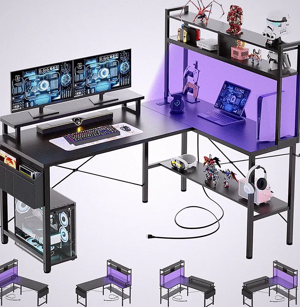L-förmiger Gaming-Schreibtisch mit LED-Leuchten, Steckdosen, Monitorst