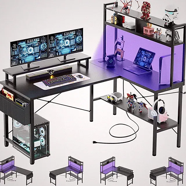 L-förmiger Gaming Schreibtisch mit LED Leuchten und Steckdosen 124x48x150 cm