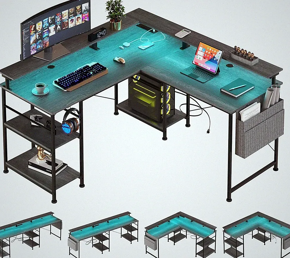 L-förmiger Gaming-Schreibtisch mit RGB-LED, Steckdosen, Stauraum, Monitorständer