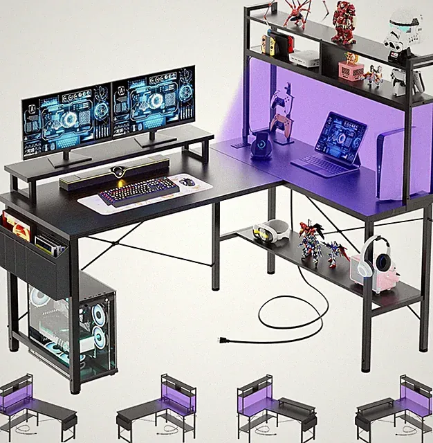 L-förmiger Gaming-Schreibtisch Schwarz mit LED-Leuchten und Steckdosen, 4