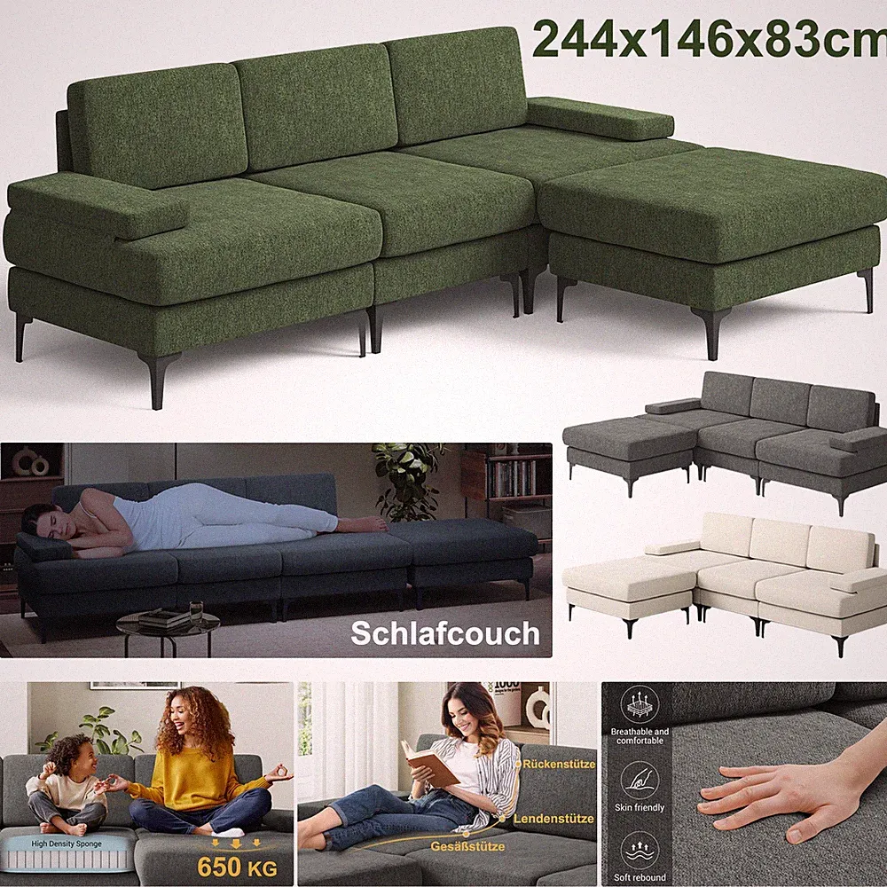 L-förmiges Ecksofa mit Schlaffunktion 3‑Sitzer Chenillestoff Sofa mit Ottomane