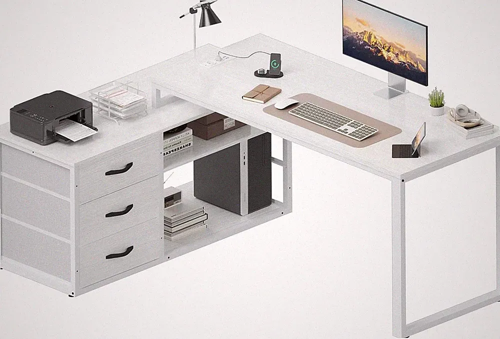 Reversibler Schreibtisch Büro L-Form Schublade USB-Ladebuchse Steckdose Stauraum