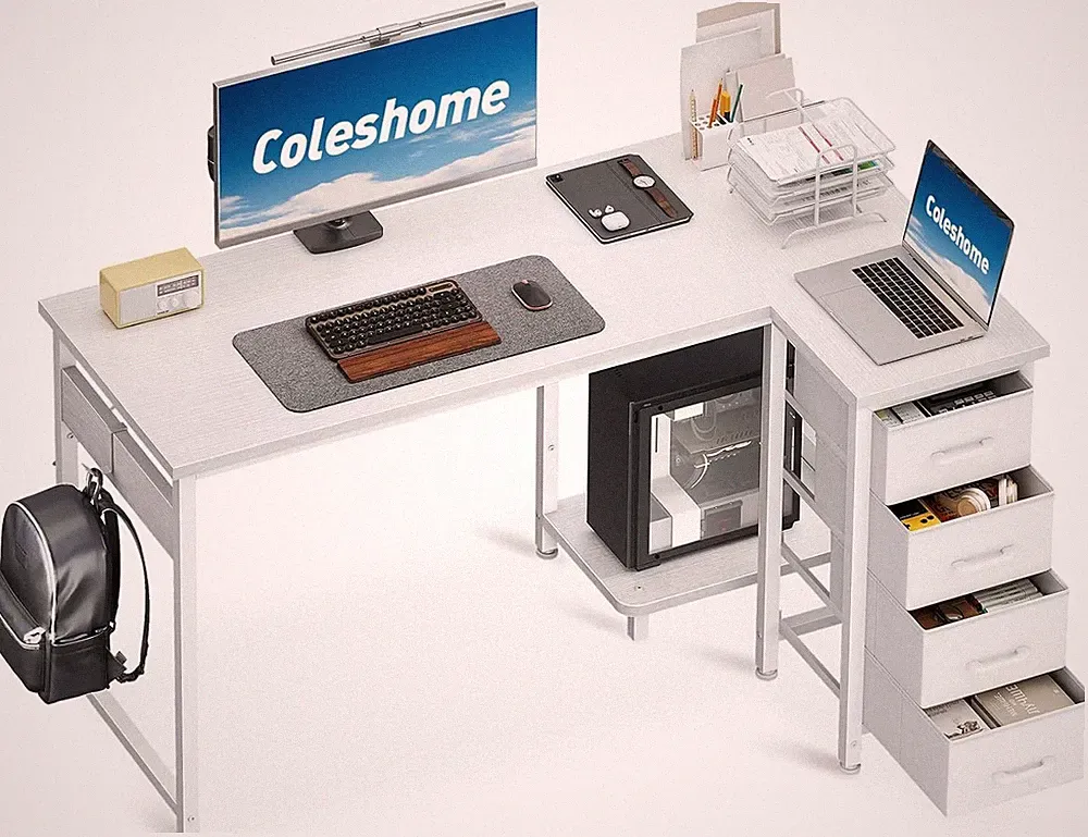 L-Form Computertisch mit Schubladen, 120x70cm, Weiß, für Büro und Arbeitszimmer