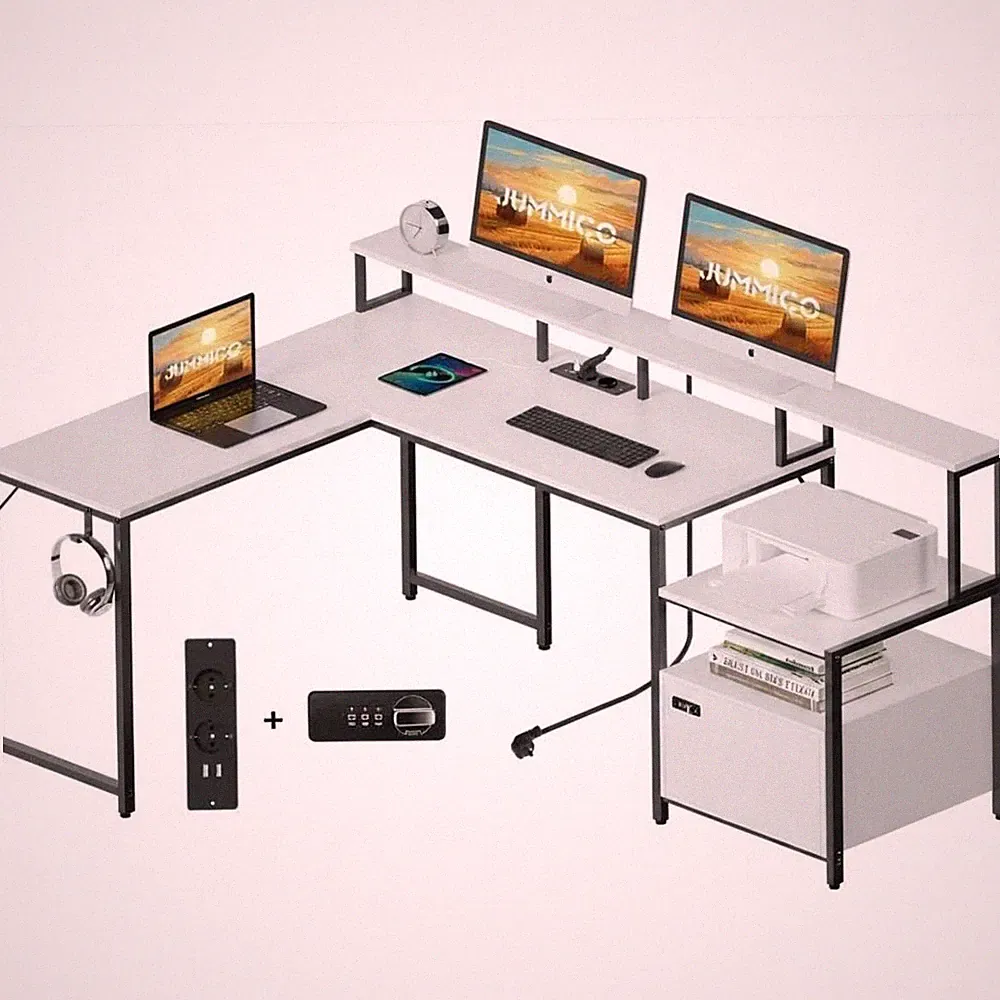 L-Form Eckschreibtisch mit Regal Steckdose USB Schublade Monitorregal 170x120cm