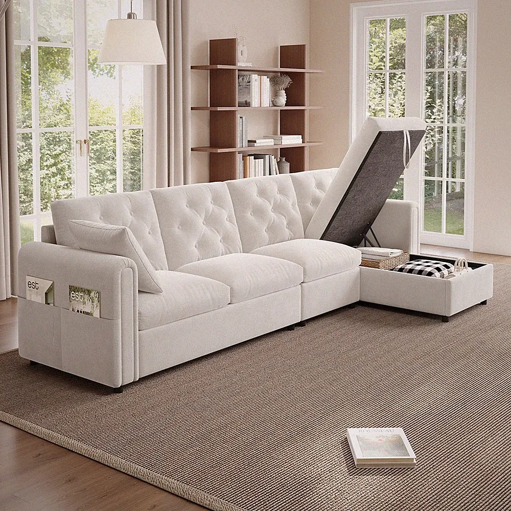 L-Form Ecksofa 4-Sitzer Modulares Sofa Couch mit Stauraum Chaise, Seitentasche