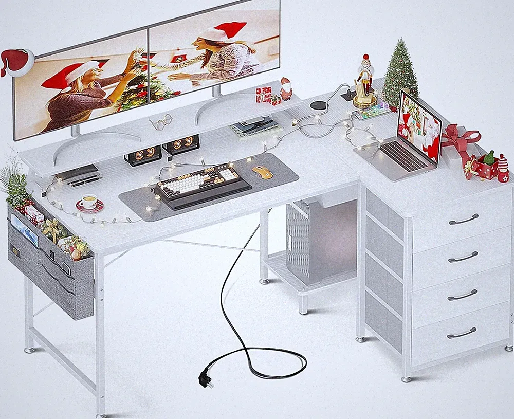 L-form Schreibtisch Eckschreibtisch Groß, USB anschluss, Steckdose, 4 Schubladen
