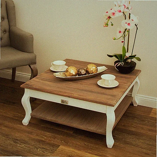Landhaus Couchtisch mit Ablage ADRIA weiss-braun 80cm Sofatisch