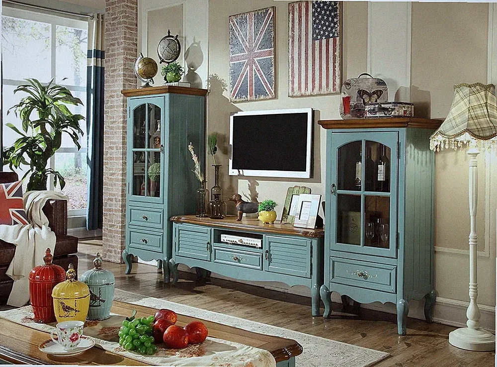 Landhaus Stil Wohnwand Wohnzimmer Vitrine Sideboard rtv Holz Schrank Möbel 3tlg.