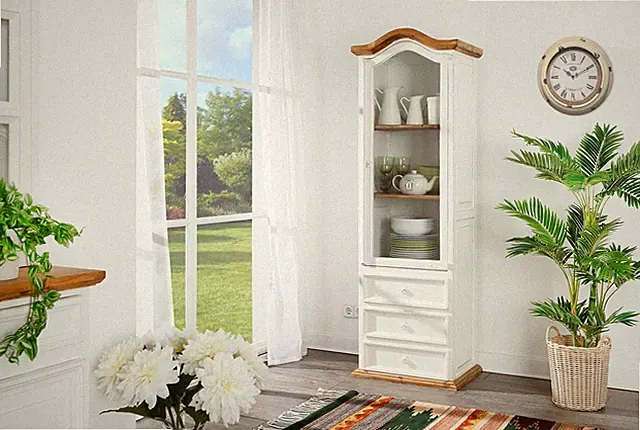 Landhaus Vitrine Schrank Vitrinenschrank, weiss, Pinie Massivholz, Shabby Chic