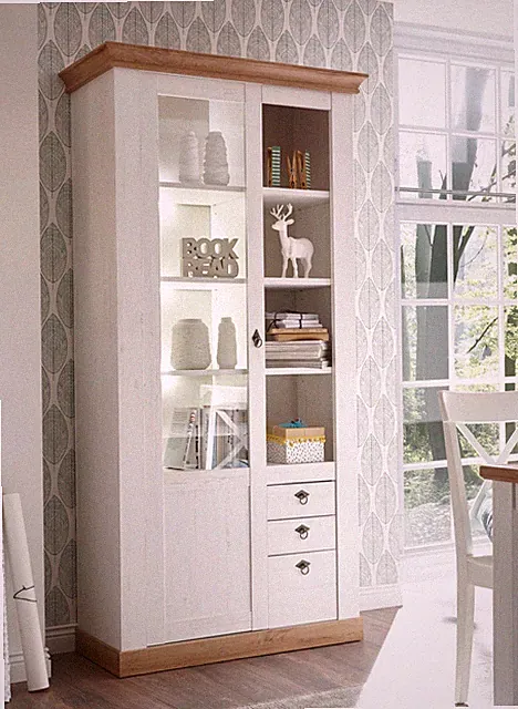 Landhaus Vitrine Standvitrine Stauraumvitrine 102cm pinie weiß wotan eiche