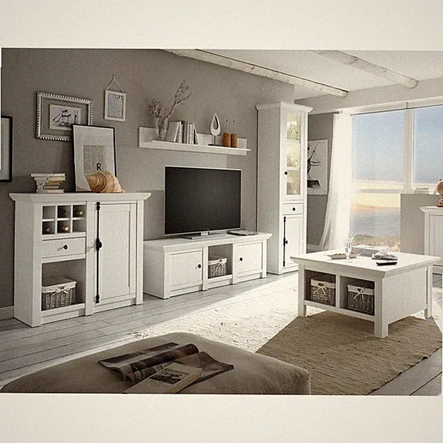 Landhaus Wohnwand weiß & Couchtisch Wohnzimmerschrank Vitrine Lowboard Highboard