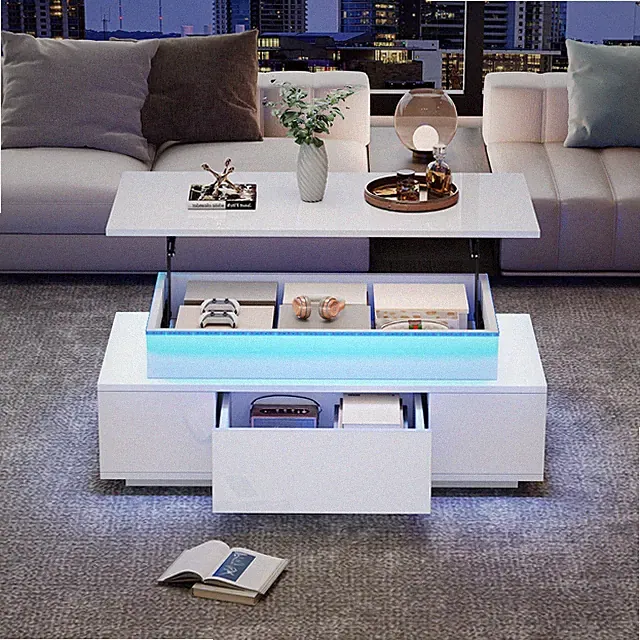 LED Couchtisch Höhenverstellbarer Kaffeetisch mit Schubladen Hochglanz Sofatisch