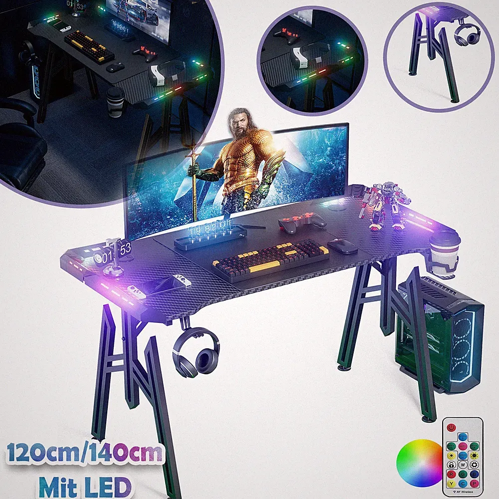 LED Gaming Tisch PC Bürotisch Computertisch Ergonomischer Schreibtisch Max 150kg