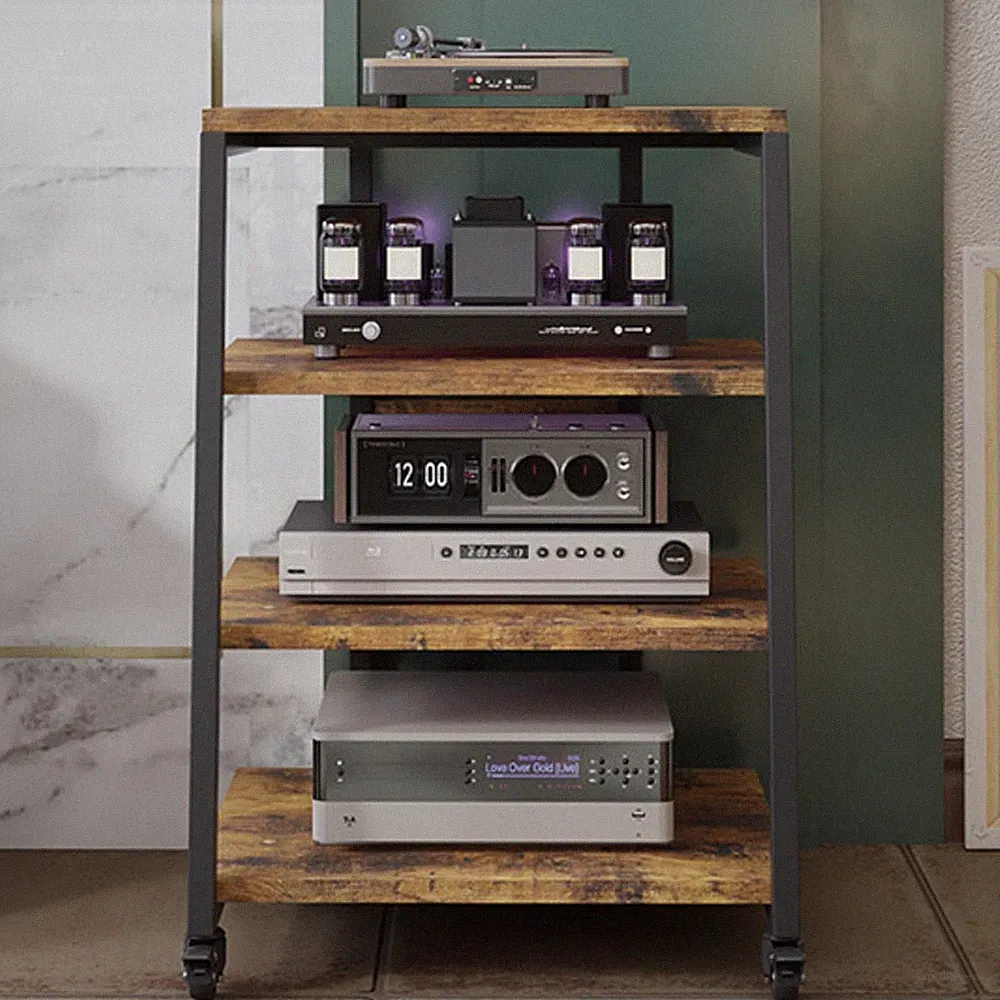 LED Hifi Möbel Rack mit Rädern Steckdosen 4-stufig AV-Medienständer TV Regal