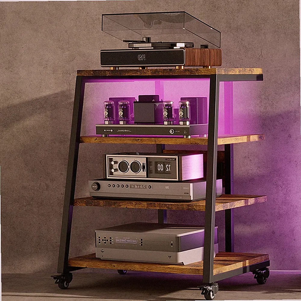 LED HiFi Rack Regal mit Rädern Audio-Medienständer Schallplattenspieler Ständer