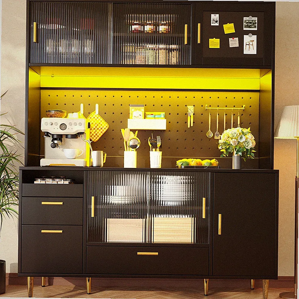 LED Küchenschrank Hochschrank Vitrine Buffetschrank 140x180cm m/ Glas-Schiebetür