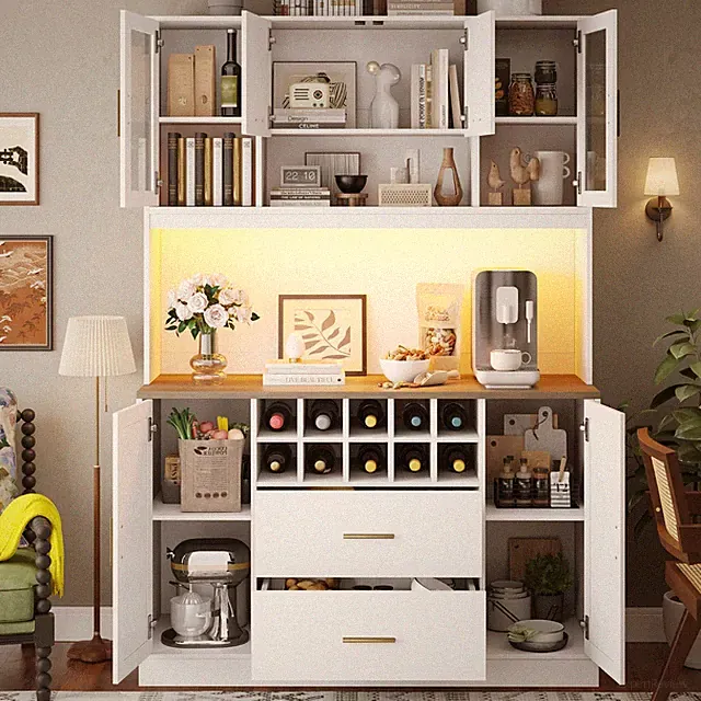 LED Küchenschrank Hochschrank Vitrine Buffetschrank 180cm m/ Glastüren Weinregal
