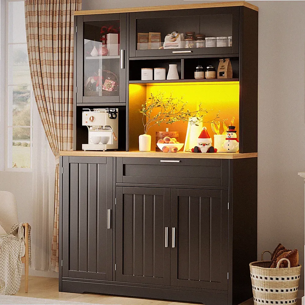 LED Küchenschrank Hochschrank Vitrine Buffetschrank Landhaus 180cm mit Glastüren