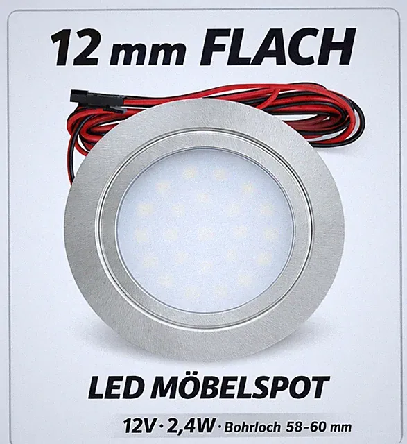 LED Möbeleinbauspots 12V 2,4W • 12mm flach • Bohrloch 58–60mm • Set inkl Trafo