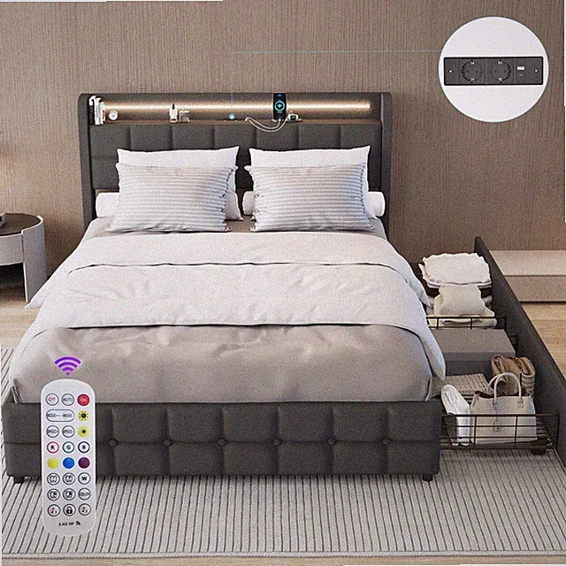 LED Polsterbett 140x200cm Doppelbett Stauraumbett Bettgestell mit USB Lattenrost