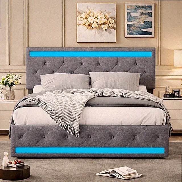 LED Polsterbett 140x200cm Doppelbett-Stauraumbett mit-4 Schubladen USB-Port Grau