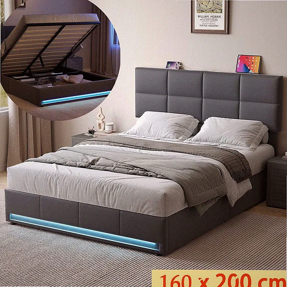 LED Polsterbett 160x200cm Doppelbett Stauraumbett Bettgestell mit USB Lattenrost