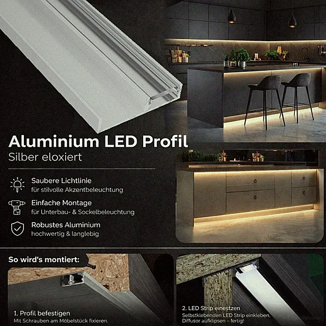LED Profil Leiste für Strips silber Schattenfuge Unterschrank Hochschrank Küche