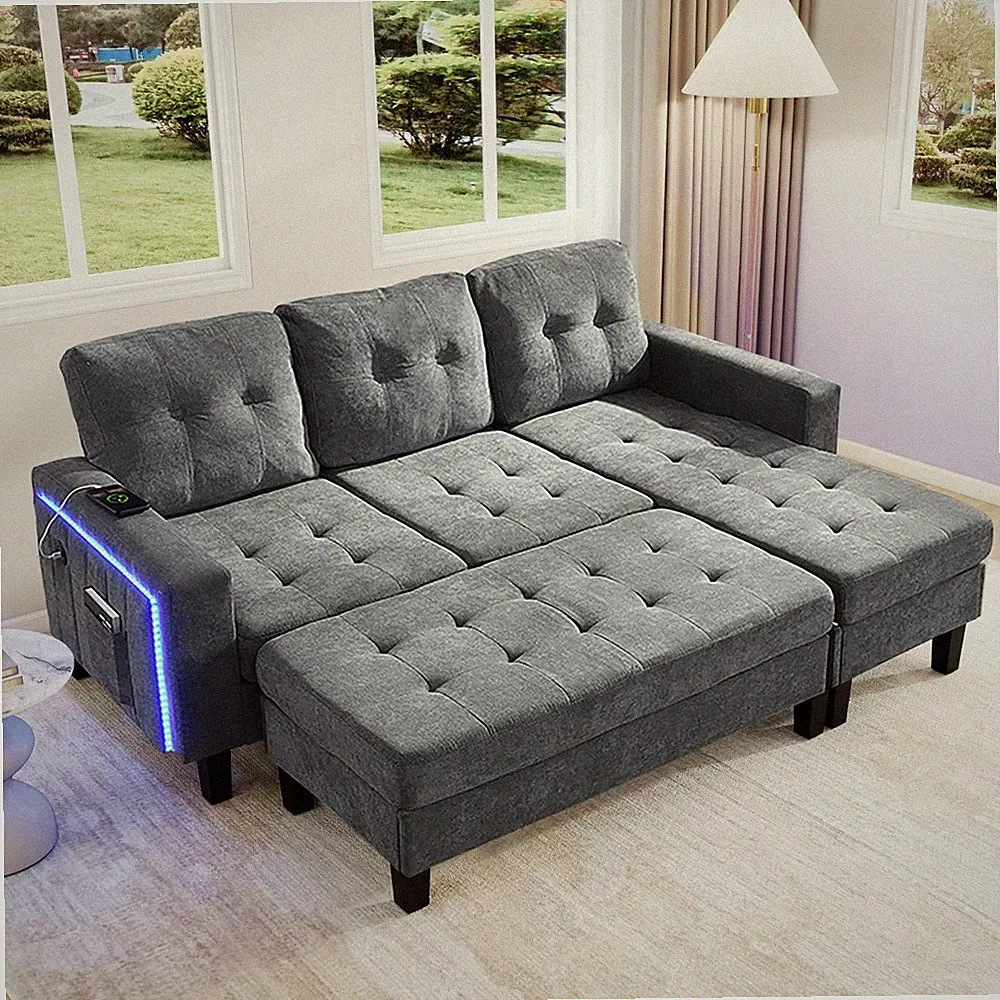 LED Schlafsofa Modulares Sofa Couch, 3-Sitzer Sofa L-Form Ecksofa mit Fußbank