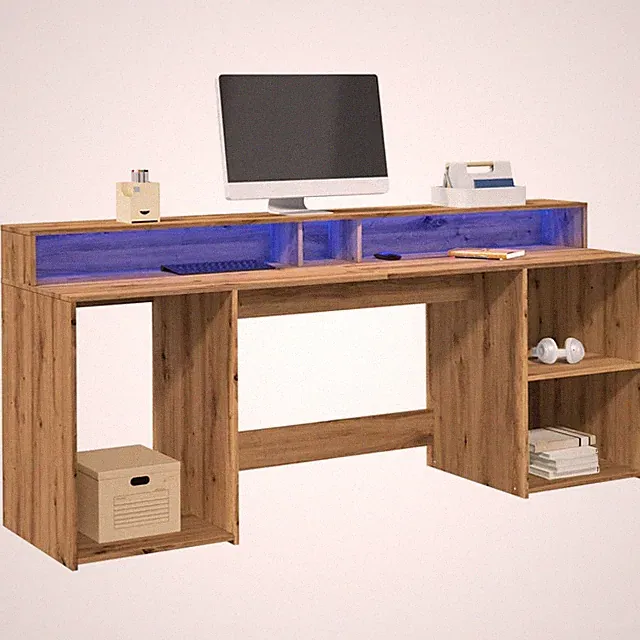 LED Schreibtisch Bürotisch Arbeitstisch Gamingtisch Artisan-Eiche 200x55x91 Holz