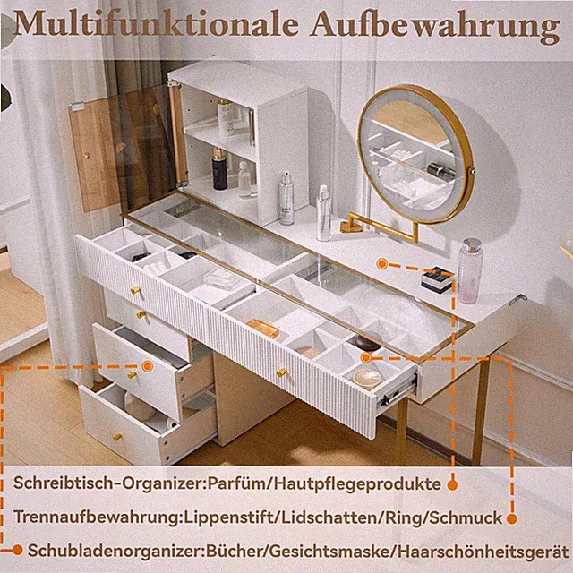 LED-Schreibtisch mit Glasplatte, Seitenschrank & Aufbewahrung – links/rechts ver