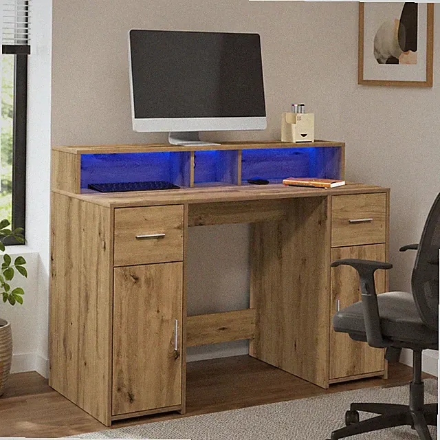 LED-Schreibtisch mit Monitorerhöhung, 120x55 cm | Computertisch, Gamertisch