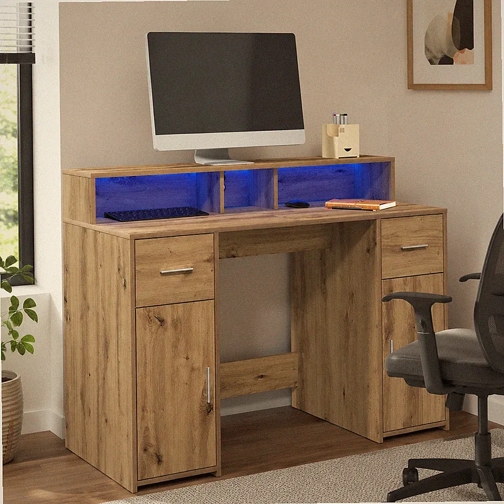 LED-Schreibtisch mit Monitorerhöhung, 120x55 cm | Computertisch, Gamertisch
