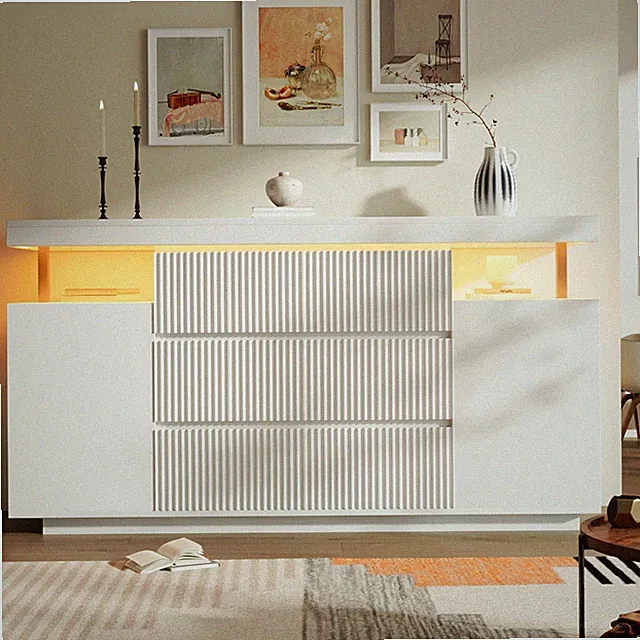 LED Sideboard Kommode Anrichte mit 6 Schublade 2 Türen Riffelfronten Flurschrank