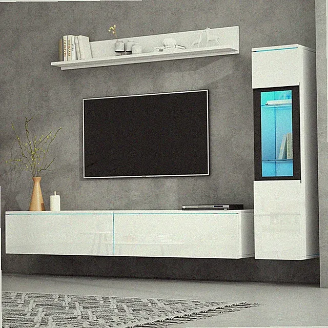 LED TV-Schrank Set, 3tlg. Schrankwand Wohnwand TV Board, Hängeregal, Vitrine