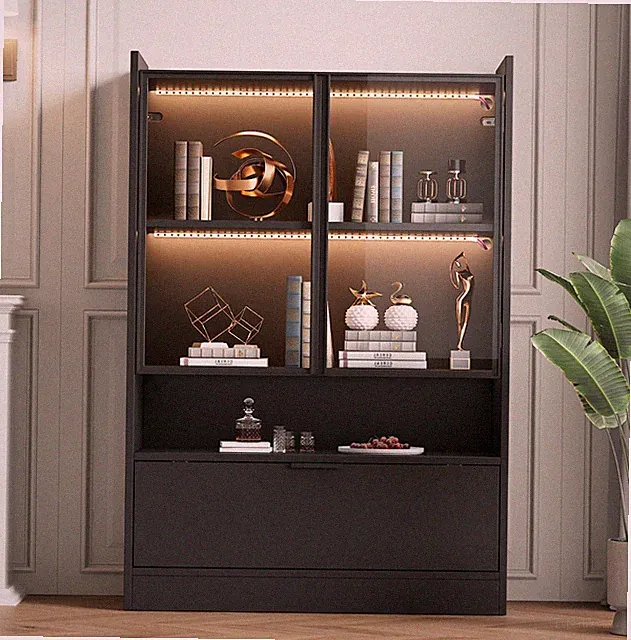 LED Vitrine Glasvitrine Sideboard Hochschrank LED-Beleuchtung Glastüren Klapptür