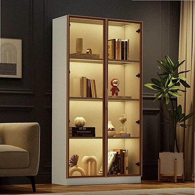 LED Vitrine Standvitrinen Glasvitrine Hochschrank Vitrinenschrank,2 Türen,Regale