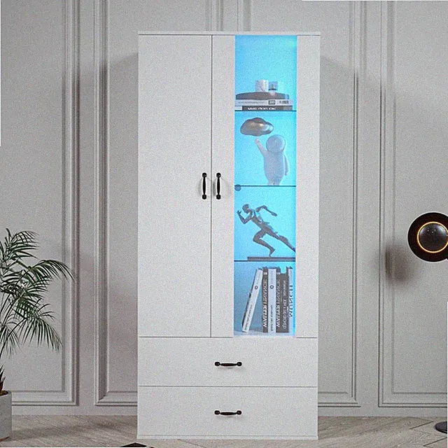 LED Vitrinenschrank Vitrine Hochschrank Standvitrine, Acryl Türen, 2 Schubladen