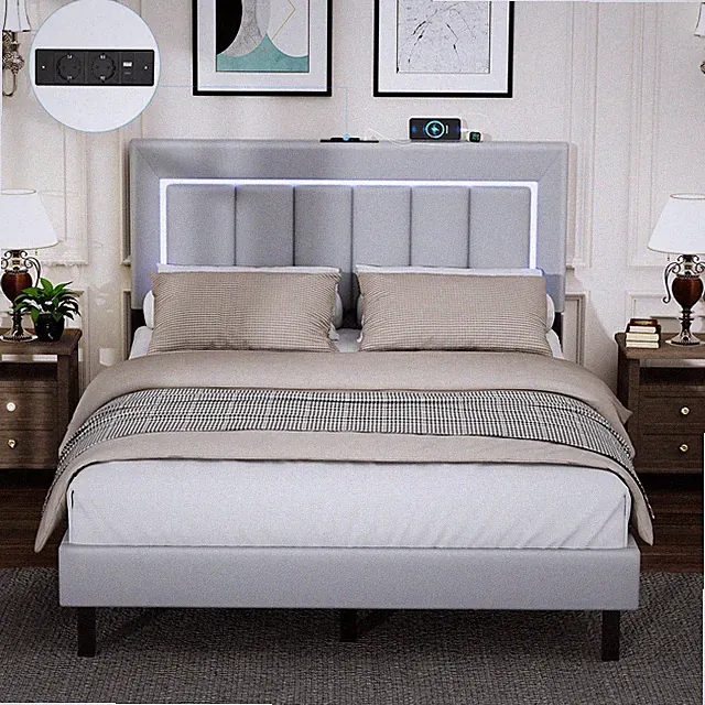 Leder Polsterbett 140x200cm Doppelbett mit LED Kopfteil Bettgestell Lattenrost