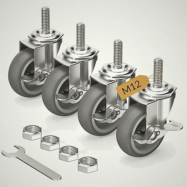 Lenkrollen 75mm Gummi 4er Set mit Bremse Möbelrollen Transportrollen M12