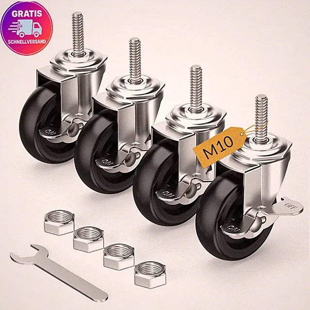 Lenkrollen 75mm mit Bremse, 4er Set Schwerlastrollen für Möbel, M10 x 30mm