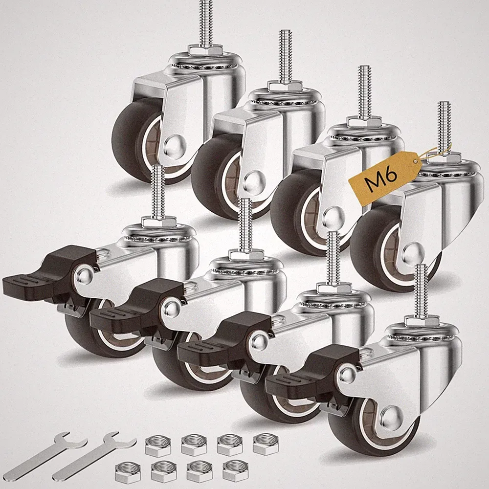 Lenkrollen für Möbel 25mm Gummirollen 80kg 8er-Set Bremsen ohne M6-1 x 20mm