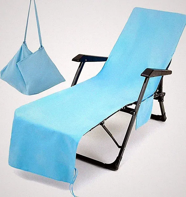 Liegestuhl Handtuch Einfarbig Mikrofaser Himmelblau mit Taschen für Strandliegen