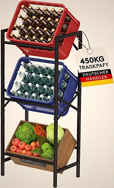 Lifewit Getränkekistenregal 3-stöckig Schwarz Platzsparend 450 kg Tragfähigkeit
