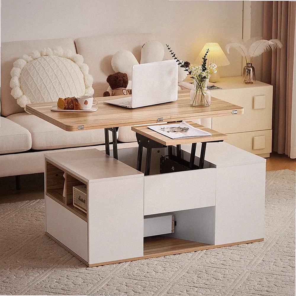 Lift Top Couchtisch !SALE! Schreibtisch mit 2 Schubladen Stauraum wandelbar weiß