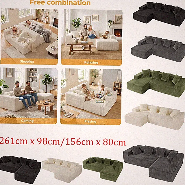 Linke/Rechte Chaiselongue Wohnlandschaft Wohnzimmer Ecksofa L-form Couch 261cm
