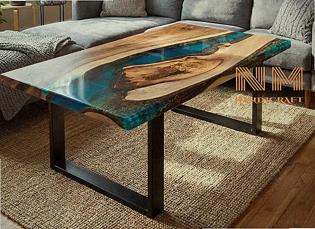 Live Edge Couchtisch Natur Walnuss Holz Blau Epoxidharz Wohndeko
